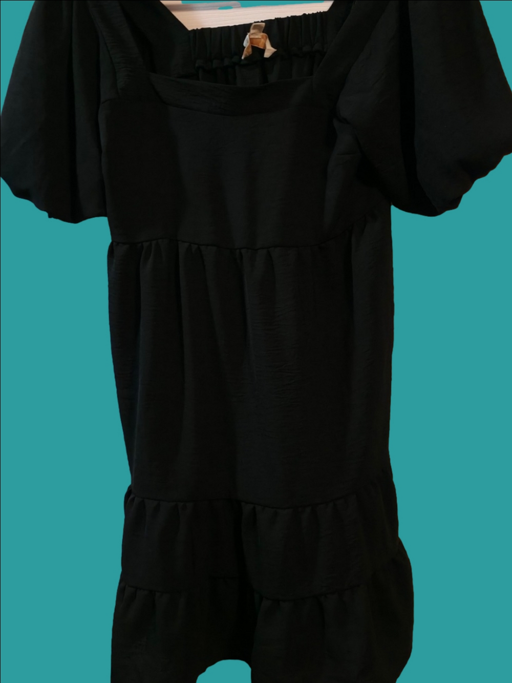4/$67 Deal! Monteau Black Puff-Sleeve Tiered Square-Neck Mini Dress